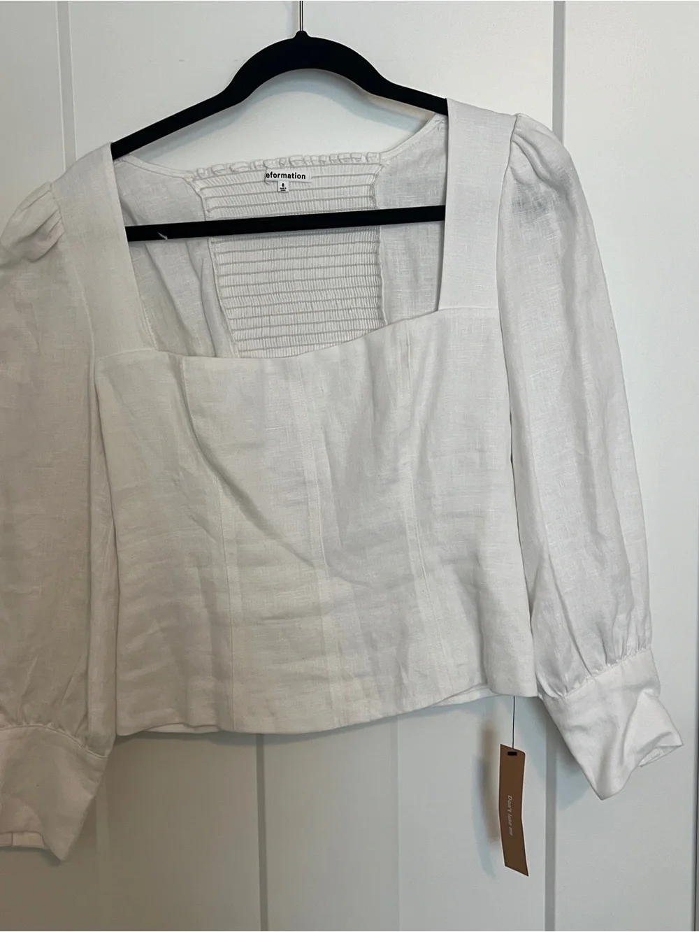 Reformation White Linen Stilton Square-Neck Puff Sleeve Top size 8 NWT